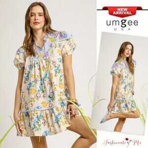 Umgee Floral Print Tie Neckline Puff Sleeves Tiered Babydoll Mini Dress | Blue